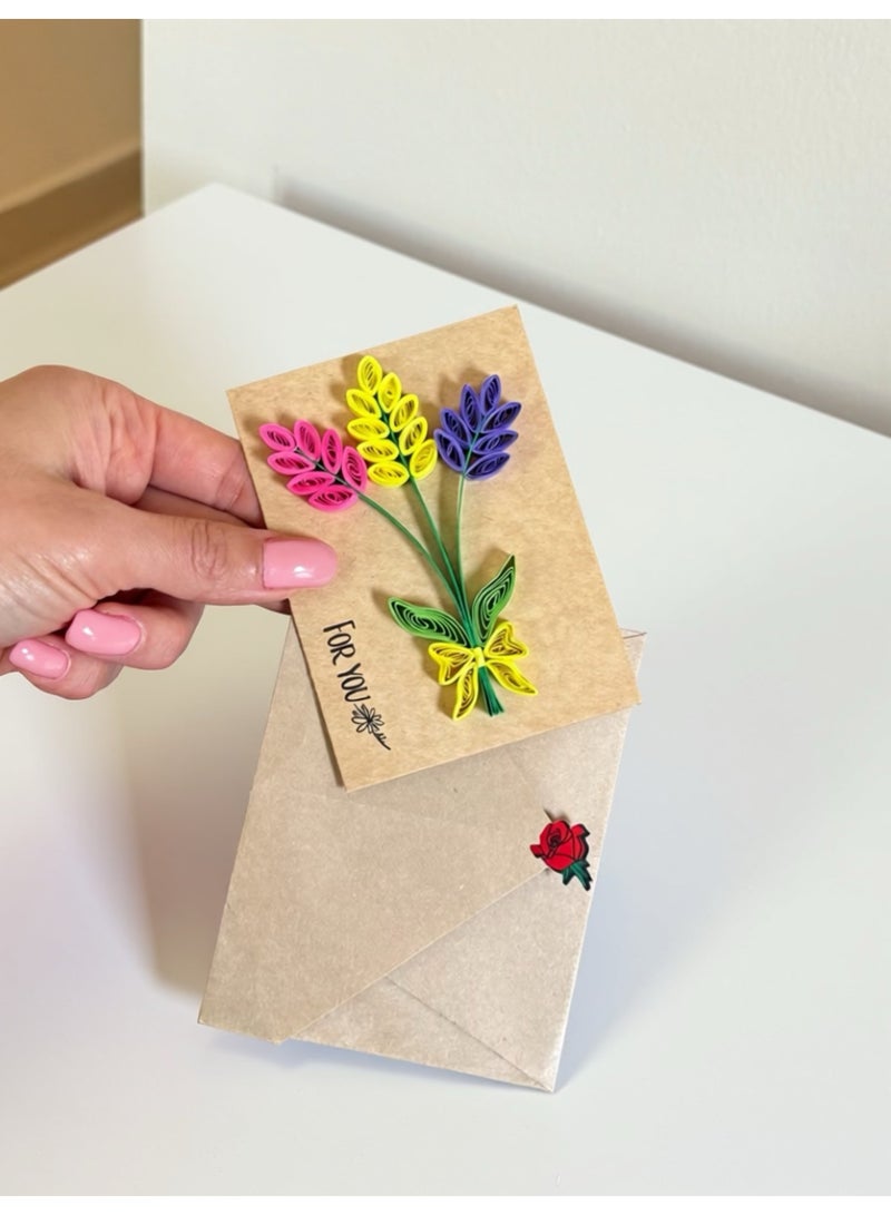 بطاقة هدية "For You"، بطاقة تهنئة يدوية الصنع بتصميم باقة من ثلاث زهور سنبل ملونة، هدية مثالية للحب والصداقة وعيد الميلاد والشكر والتهنئة والمناسبات الخاصة. - Image 1