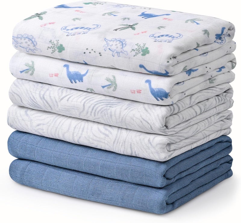 6 Pack Muslin Swaddle Blankets - Soft and Breathable Dinosaur Design - Image 1