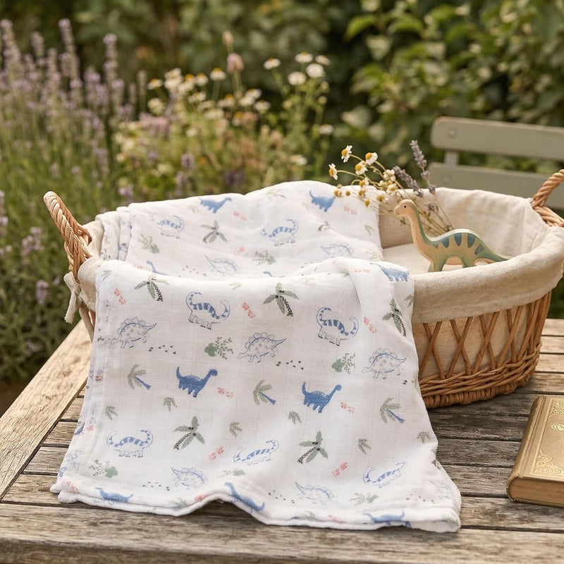 6 Pack Muslin Swaddle Blankets - Soft and Breathable Dinosaur Design - Image 5