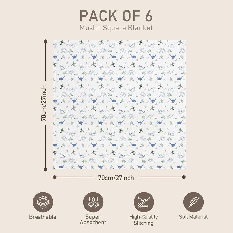 6 Pack Muslin Swaddle Blankets - Soft and Breathable Dinosaur Design - Image 4