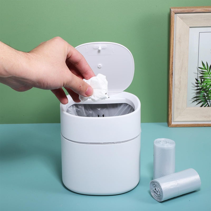 Mini Trash Can With Lid 14x13.5Cm Small Desktop Waste Bin With 4 Rolls Trash Bags - Image 5