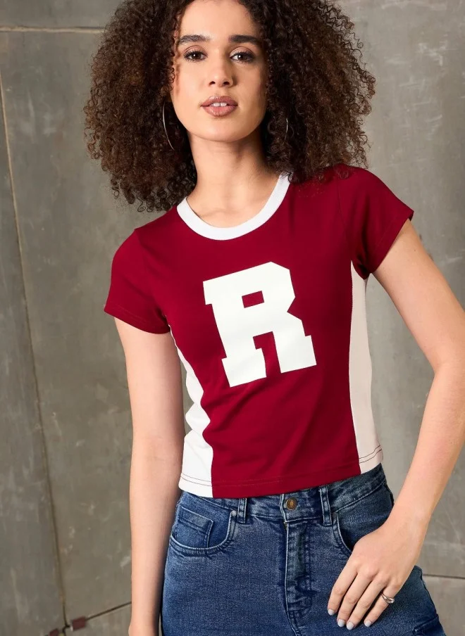 ساسافراس Maroon Colourblocked Crop T-Shirt for Women