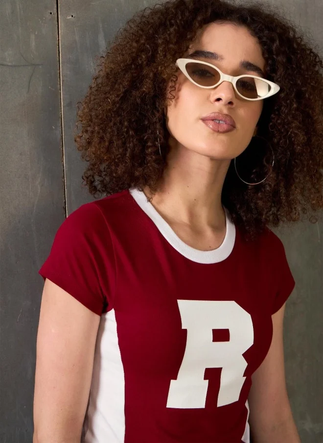 ساسافراس Maroon Colourblocked Crop T-Shirt for Women