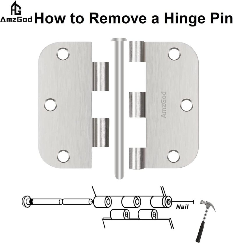AmzGod Door Hinges Brushed Nickel - 6 Pack Satin Nickel 3.5 Inch Rounded Interior Door Hinges with 5/8" Radius - 3 1/2 Inches Silver Residential Standard Door Hardware - Image 5