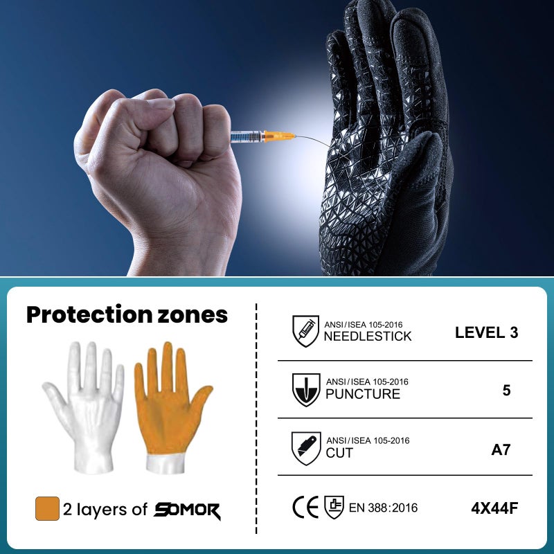 TAILI Level 3 Needle, Level 5 Puncture Resistant Men Work Gloves, Grip Enhanced A7 Cut Resistant Safety Gloves, Touchscreen and Breathable, Black, Large (L), 1 Pair - Image 2