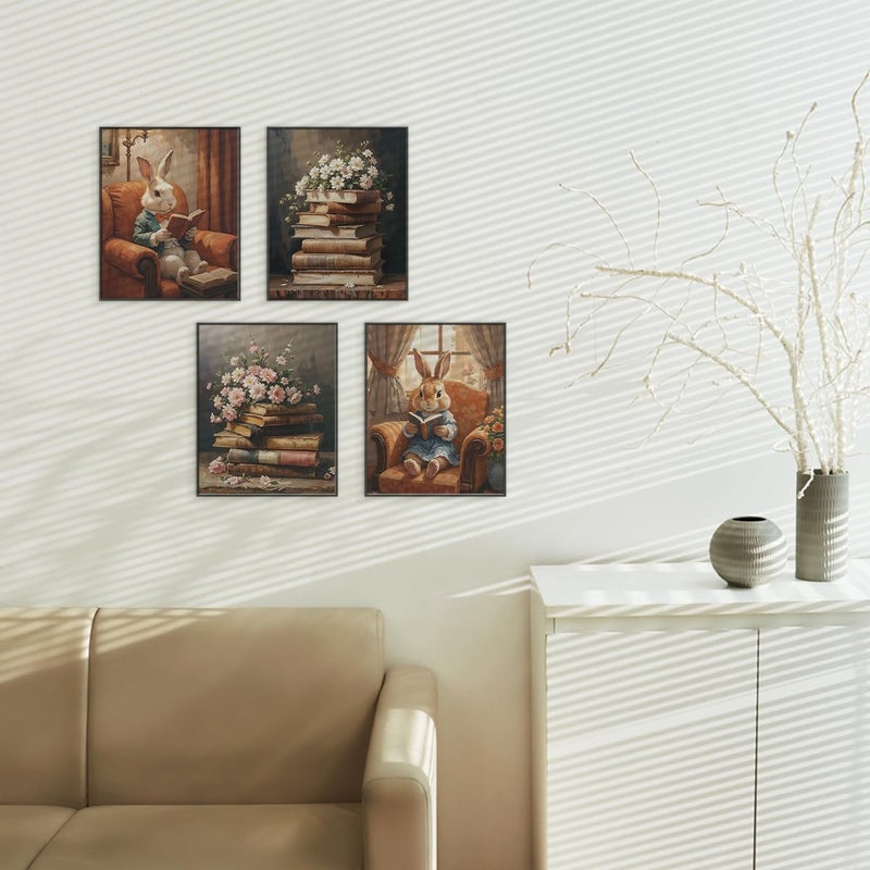 Etviso Easter Vintage Brunny Wall Art Prints مجموعة من 4 أرنب راببيت ديكور رجعية زهور القراءة ديكور الجدار للمكتبة غرفة غرفة 8x10 بوصة (دون إطار) - Image 4