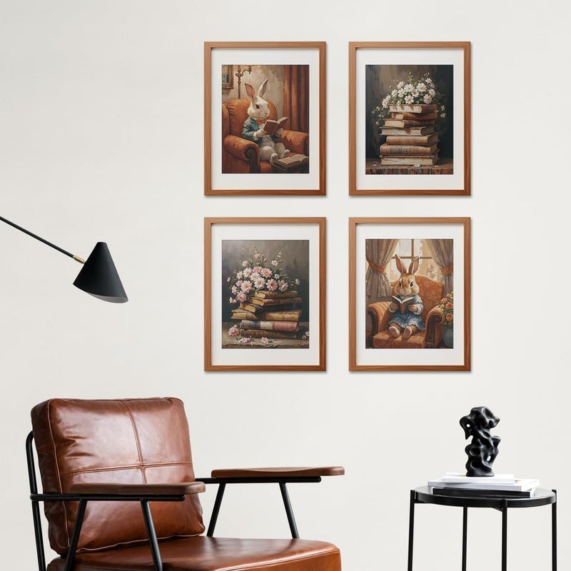 Etviso Easter Vintage Brunny Wall Art Prints مجموعة من 4 أرنب راببيت ديكور رجعية زهور القراءة ديكور الجدار للمكتبة غرفة غرفة 8x10 بوصة (دون إطار) - Image 5