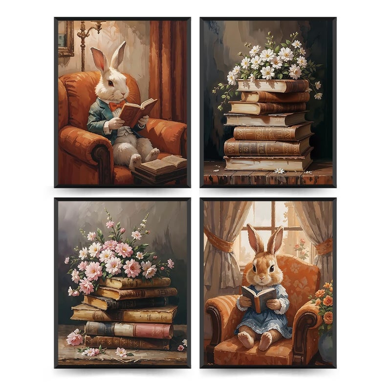 Etviso Easter Vintage Brunny Wall Art Prints مجموعة من 4 أرنب راببيت ديكور رجعية زهور القراءة ديكور الجدار للمكتبة غرفة غرفة 8x10 بوصة (دون إطار) - Image 1