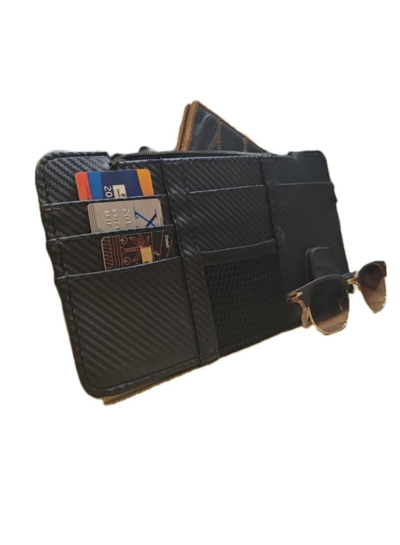 منظم سيارة من الجلد الصناعي – تخزين على حاجب الشمس مع فتحات بطاقات، جيب شبكي، مشبك مغناطيسي للنظارات وحامل قلم – مناسب لجميع السيارات والدفع الرباعي (أسود كربون فايبر، كبير) - Image 1