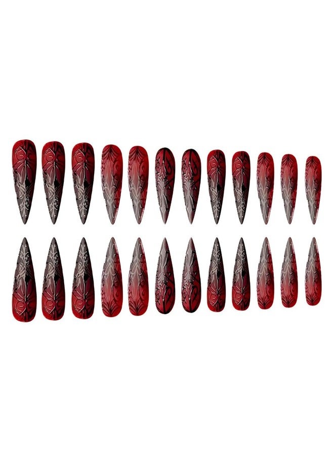 OFDNE Halloween Press on Nails OFDNE Long Almond Fake Nails Dark Red False Nails with Pattern line Gradient Designs Full Cover Glossy Glue on Nail Reusable Daily Wear Acrylic Nails for Women Girls 24Pcs - Image 5