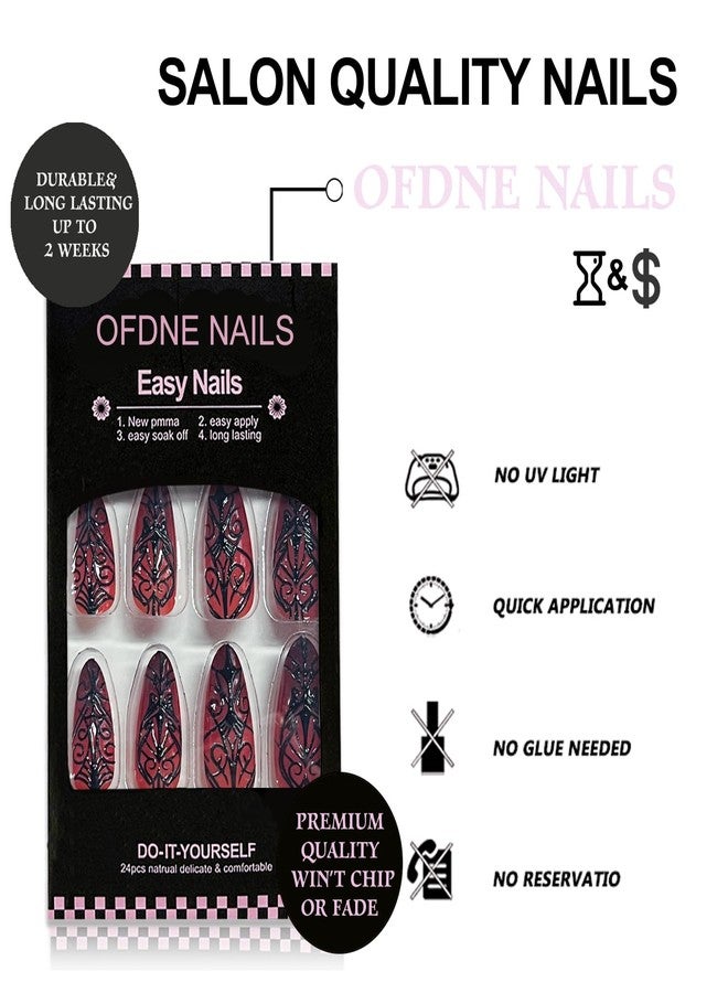 OFDNE Halloween Press on Nails OFDNE Long Almond Fake Nails Dark Red False Nails with Pattern line Gradient Designs Full Cover Glossy Glue on Nail Reusable Daily Wear Acrylic Nails for Women Girls 24Pcs - Image 2