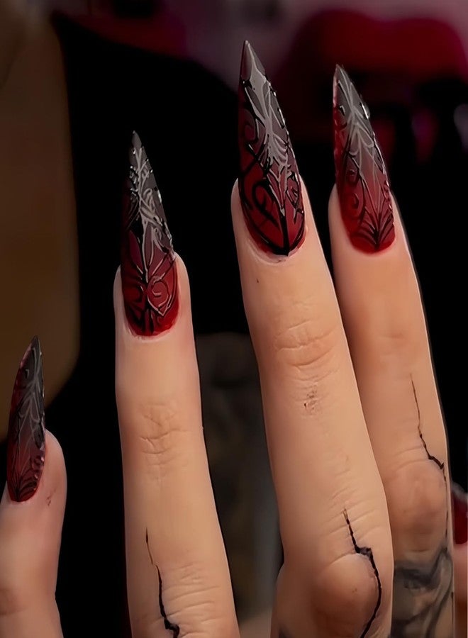 OFDNE Halloween Press on Nails OFDNE Long Almond Fake Nails Dark Red False Nails with Pattern line Gradient Designs Full Cover Glossy Glue on Nail Reusable Daily Wear Acrylic Nails for Women Girls 24Pcs - Image 1