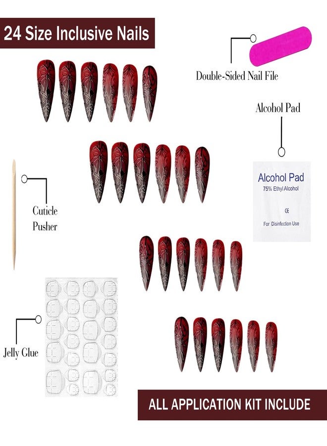 OFDNE Halloween Press on Nails OFDNE Long Almond Fake Nails Dark Red False Nails with Pattern line Gradient Designs Full Cover Glossy Glue on Nail Reusable Daily Wear Acrylic Nails for Women Girls 24Pcs - Image 3