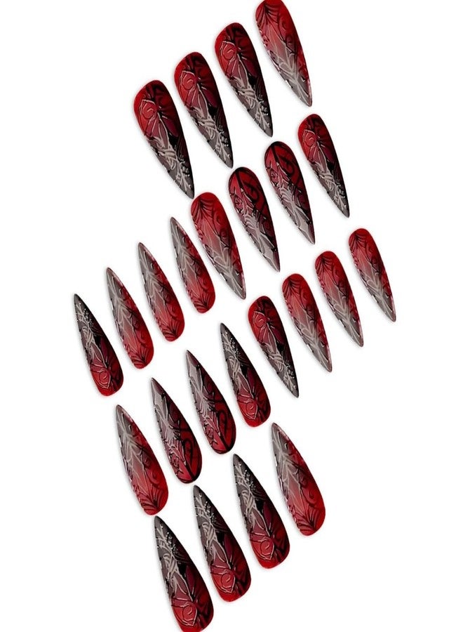 OFDNE Halloween Press on Nails OFDNE Long Almond Fake Nails Dark Red False Nails with Pattern line Gradient Designs Full Cover Glossy Glue on Nail Reusable Daily Wear Acrylic Nails for Women Girls 24Pcs - Image 4