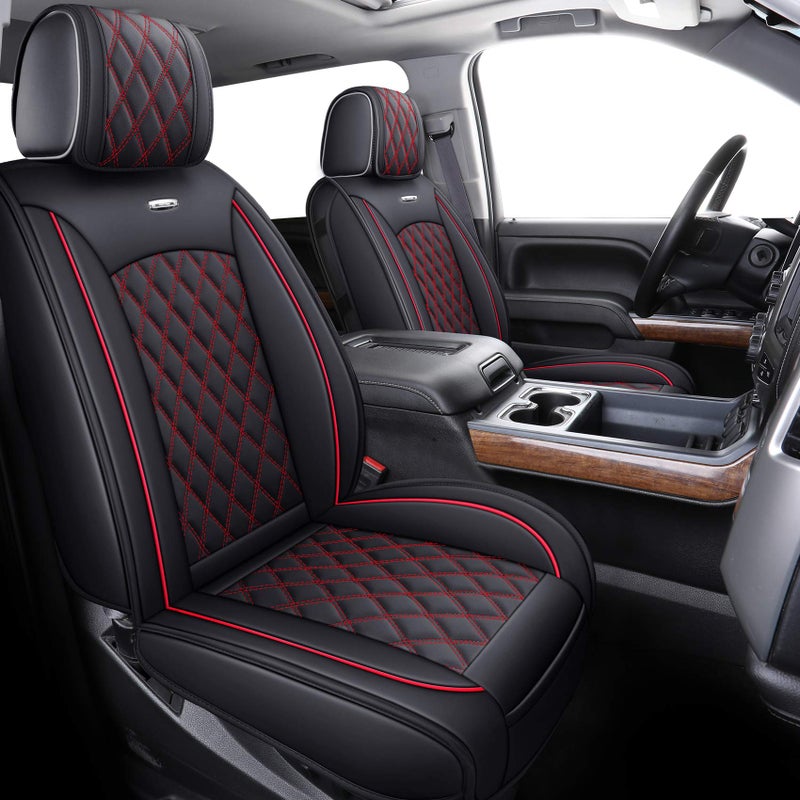 Aierxuan Chevy Chevrolet Silverado GMC Sierra Front Seat Covers Pickup Custom Fit 2007-2026 1500 2500HD 3500HD Crew Double Extended Cab Waterproof Leather Protectors (2 PCS Front, Black-Red) - Image 2