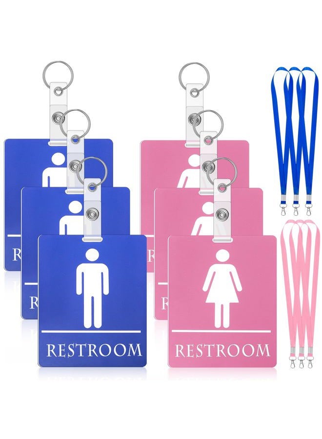 Fuyoooo 6 Set Bathroom Pass Restroom Pass with Key Holder Keychain with Lanyard PVC Blue and Pink Restroom Passes for Classrooms Women Men Students School Supplies - Image 1