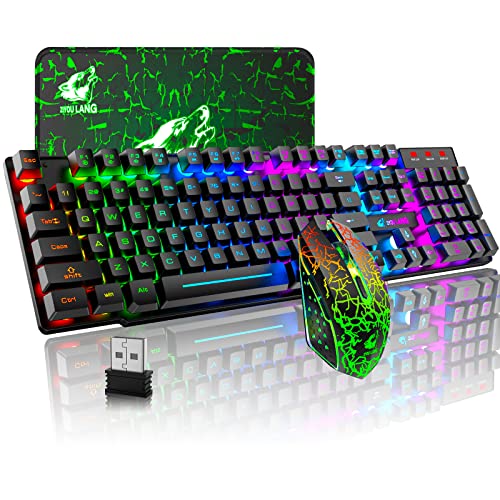 FELICON Wireless Gaming Keyboard and Mouse Combo with Mouse Pad, Rechargeable 2.4GHz Full-Size Keyboard and 2400 DPI Mouse, Rainbow Backlit, Quiet Mechanical Feel, 29-Key Anti-Ghosting for PC Mac Gamer - Image 1