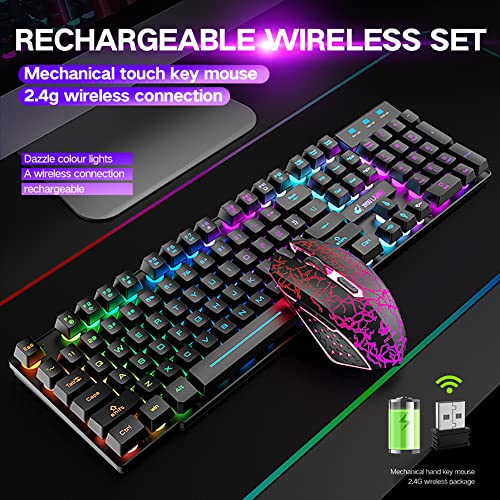 FELICON Wireless Gaming Keyboard and Mouse Combo with Mouse Pad, Rechargeable 2.4GHz Full-Size Keyboard and 2400 DPI Mouse, Rainbow Backlit, Quiet Mechanical Feel, 29-Key Anti-Ghosting for PC Mac Gamer - Image 2