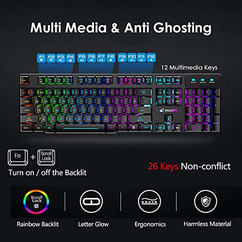 FELICON Wireless Gaming Keyboard and Mouse Combo with Mouse Pad, Rechargeable 2.4GHz Full-Size Keyboard and 2400 DPI Mouse, Rainbow Backlit, Quiet Mechanical Feel, 29-Key Anti-Ghosting for PC Mac Gamer - Image 4