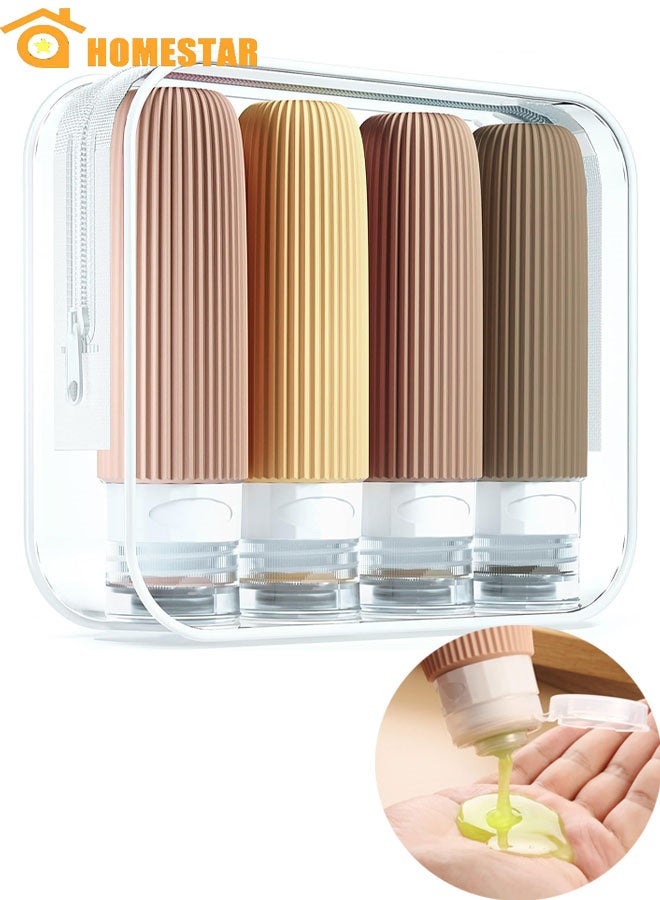HOMESTAR 4 Pack Travel Bottles with Clear Toiletry Bag for Toiletries, 3oz Portable Travel Bottles, BPA Free Leak Proof Squeezable Silicone Travel Size Containers, Travel Accessories - Image 1