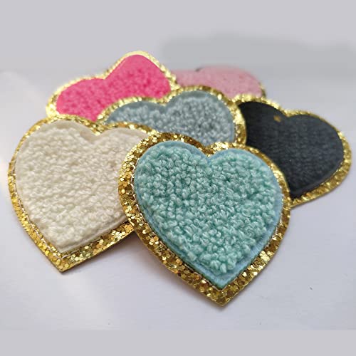 DIILLEU Heart Patches Glitter Chenille,6 PCS DIILLEU Heart Iron on Patches,Chic Embroidered Glitter Chenille Patch with Gold Sequin Border,Valentine's Day Patch for Jackets Clothing Backpack Hat Decoration - Image 2