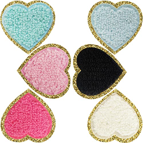 DIILLEU Heart Patches Glitter Chenille,6 PCS DIILLEU Heart Iron on Patches,Chic Embroidered Glitter Chenille Patch with Gold Sequin Border,Valentine's Day Patch for Jackets Clothing Backpack Hat Decoration - Image 1