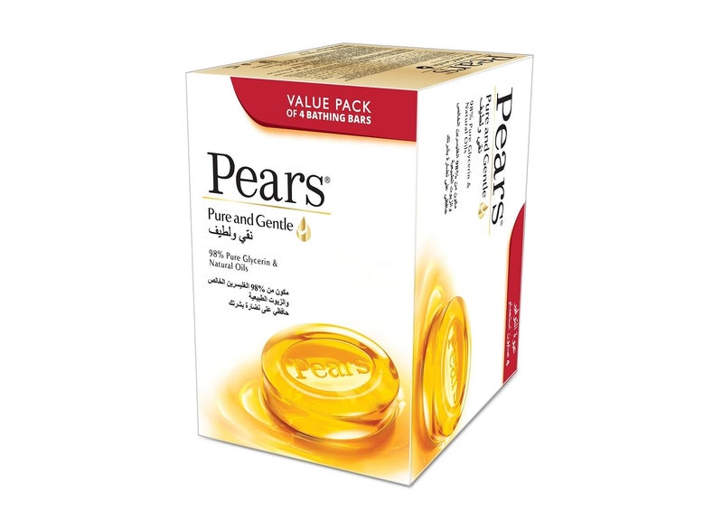 Pears Pure & Gentle Bar Soap with 100% Natural Ingredients & Glycerin for Soft & Glowing Skin, Paraben-Free Moisturising Soap With Mild Fragrance, Dermatologically Tested & Eco-Friendly (Pack of 4)