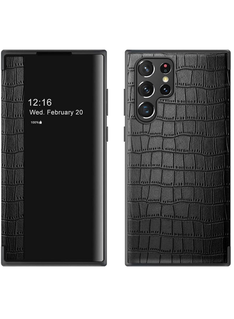 Leather Case Compatible with Samsung Galaxy S23 Ultra, Luxury Clear View Window Classic Crocodile Pattern PU Leather Case Flip Folio Shockproof Protective Cover for Galaxy S23 Ultra