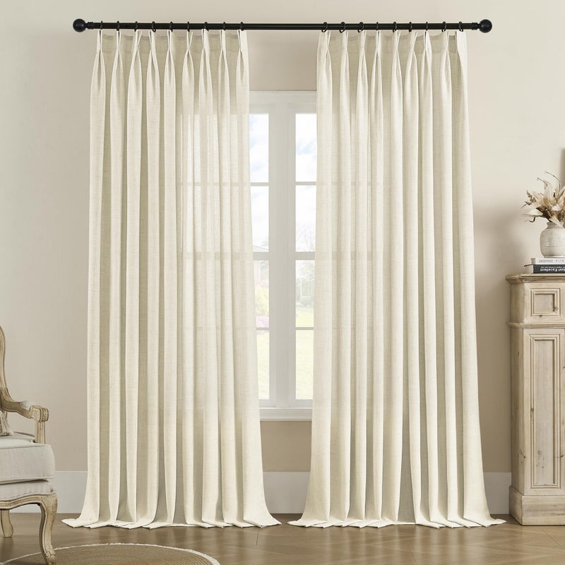 MASWOND Pinch Pleated Sheer Curtains 84 Inches Long for Living Room, Faux Linen Pinch Pleat Drapes for Bedroom Light Filtering Window Curtains with Tieback and Hooks (52" x 84", Natural, 1 Panel) - Image 1