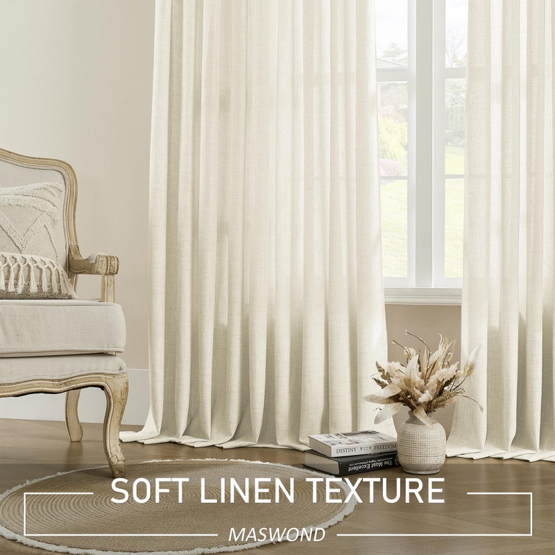 MASWOND Pinch Pleated Sheer Curtains 84 Inches Long for Living Room, Faux Linen Pinch Pleat Drapes for Bedroom Light Filtering Window Curtains with Tieback and Hooks (52" x 84", Natural, 1 Panel) - Image 3