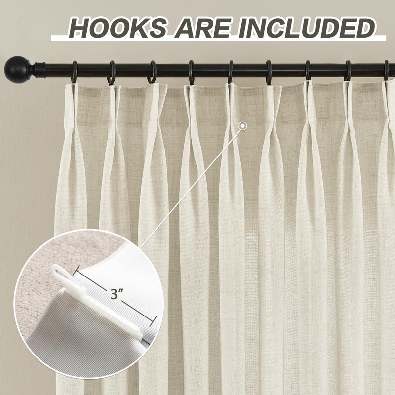 MASWOND Pinch Pleated Sheer Curtains 84 Inches Long for Living Room, Faux Linen Pinch Pleat Drapes for Bedroom Light Filtering Window Curtains with Tieback and Hooks (52" x 84", Natural, 1 Panel) - Image 2