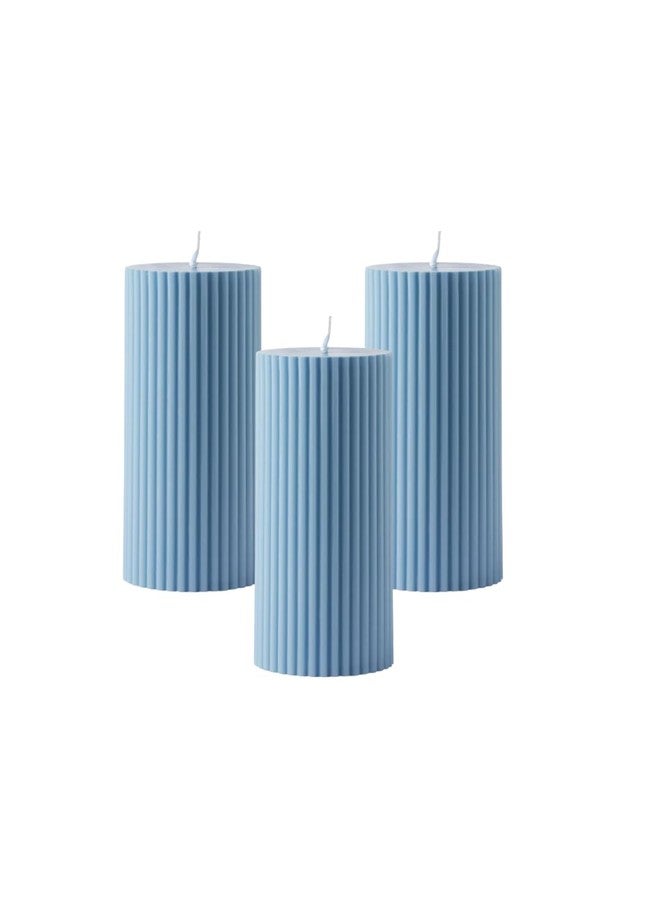 Luces Blue Soy Wax Pillar Candle Set of 3 Pcs Ribbed Scented Pillar Candles for Home Decor Diwali Wedding Valentine Church x-Mass Spa Dinner Table - Image 1