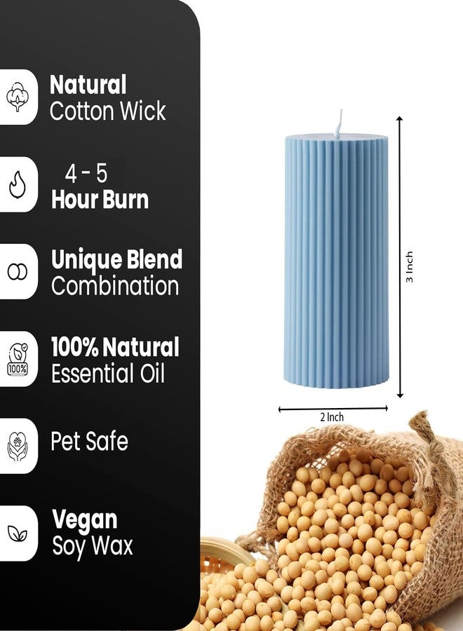 Luces Blue Soy Wax Pillar Candle Set of 3 Pcs Ribbed Scented Pillar Candles for Home Decor Diwali Wedding Valentine Church x-Mass Spa Dinner Table - Image 3