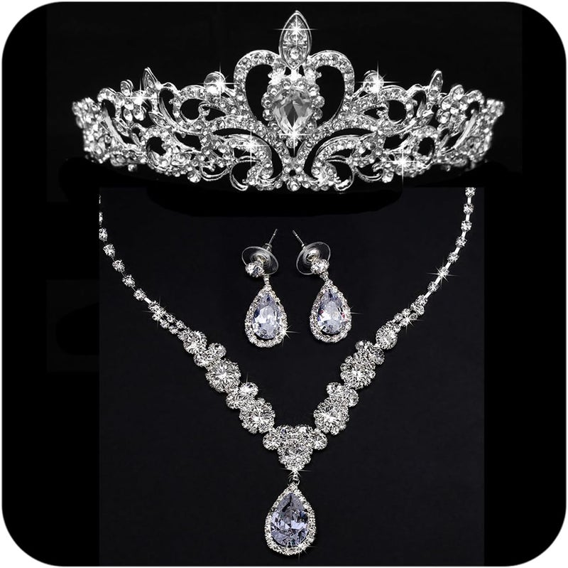 Cocide Silver Jewelry Set for Women Crystal Tiara and Necklace Kit for Girls Rhinestone Crown Earrings Neck Accessories for Bride Wedding Birthday Party Bridal Prom Bridesmaid Dress up - Image 1