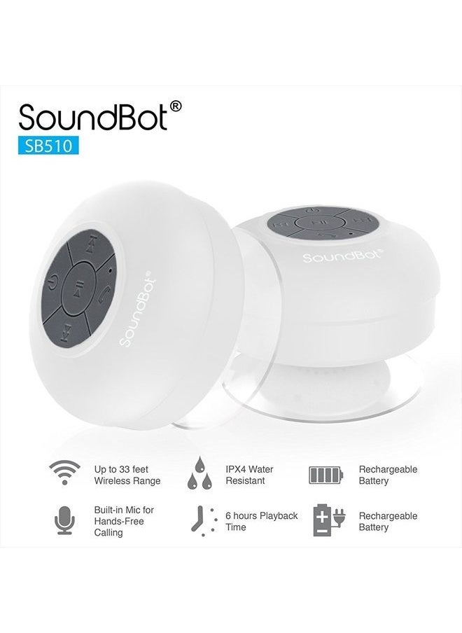 SB510 HD Bluetooth Shower Speaker, Water Resistant Handsfree Portable Speakerphone with Built-in Mic, 6hrs of Playtime, Control Buttons and Dedicated Suction Cup White