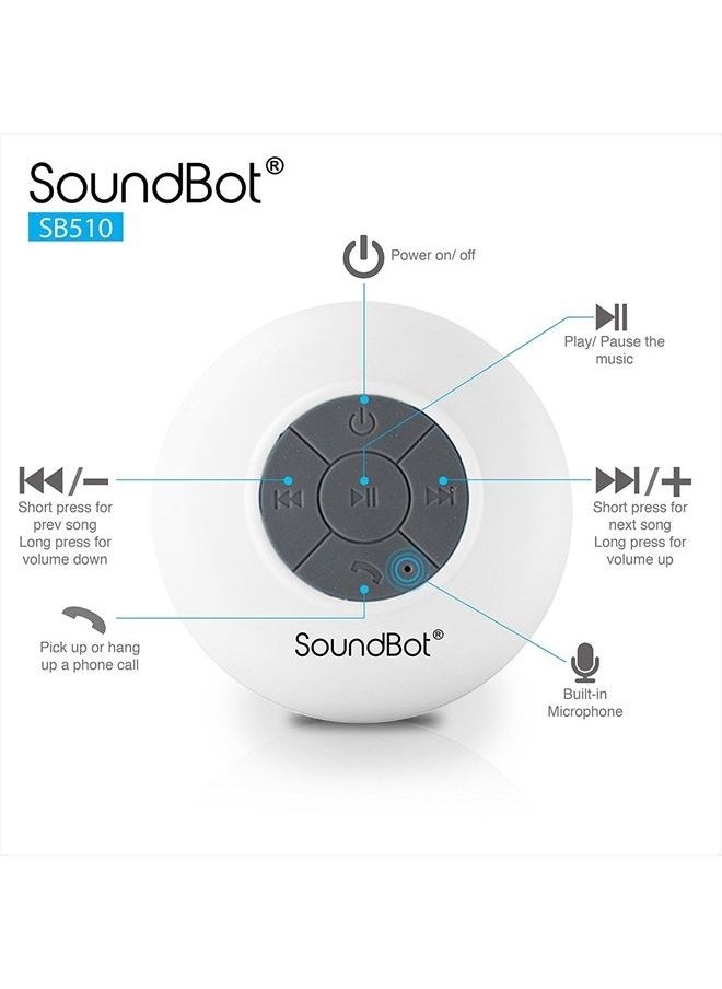 SB510 HD Bluetooth Shower Speaker, Water Resistant Handsfree Portable Speakerphone with Built-in Mic, 6hrs of Playtime, Control Buttons and Dedicated Suction Cup White