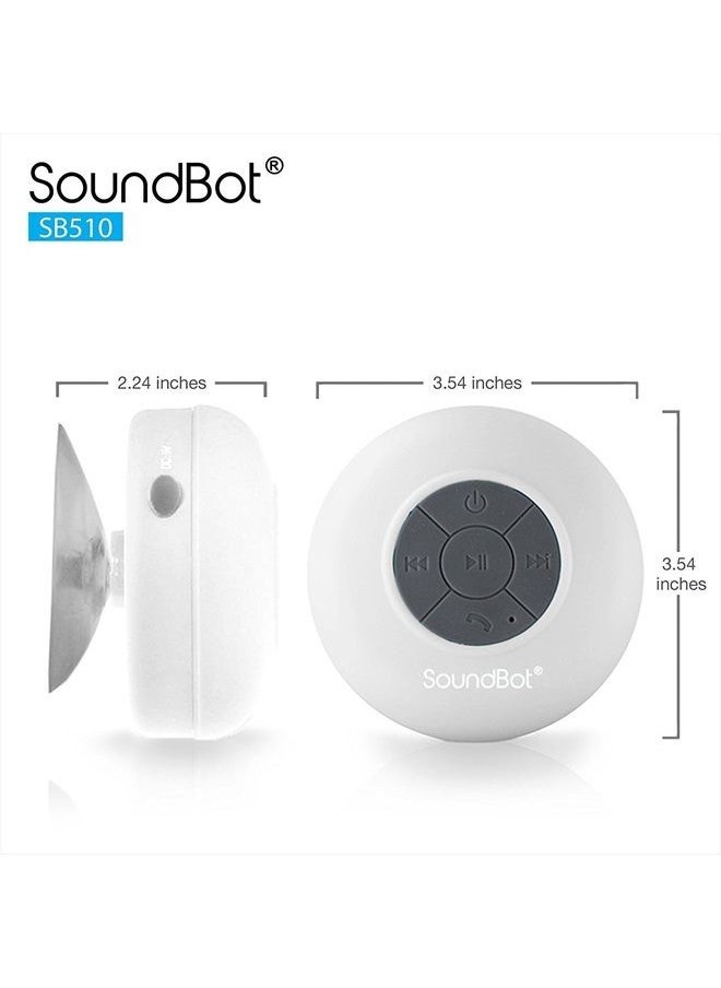SB510 HD Bluetooth Shower Speaker, Water Resistant Handsfree Portable Speakerphone with Built-in Mic, 6hrs of Playtime, Control Buttons and Dedicated Suction Cup White