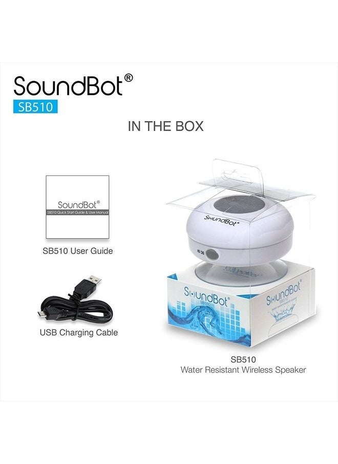 SB510 HD Bluetooth Shower Speaker, Water Resistant Handsfree Portable Speakerphone with Built-in Mic, 6hrs of Playtime, Control Buttons and Dedicated Suction Cup White