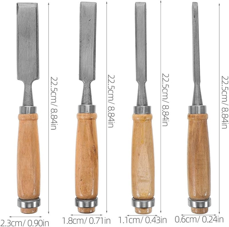 Garneck Wood Chisel Set 4pcs with Wooden Handles Flat Carving Chisels for Woodworking Engraving and Sculpting Woodcraft Tools with Cast Iron Hanging Pouch for DIY Woodcutting - Image 2