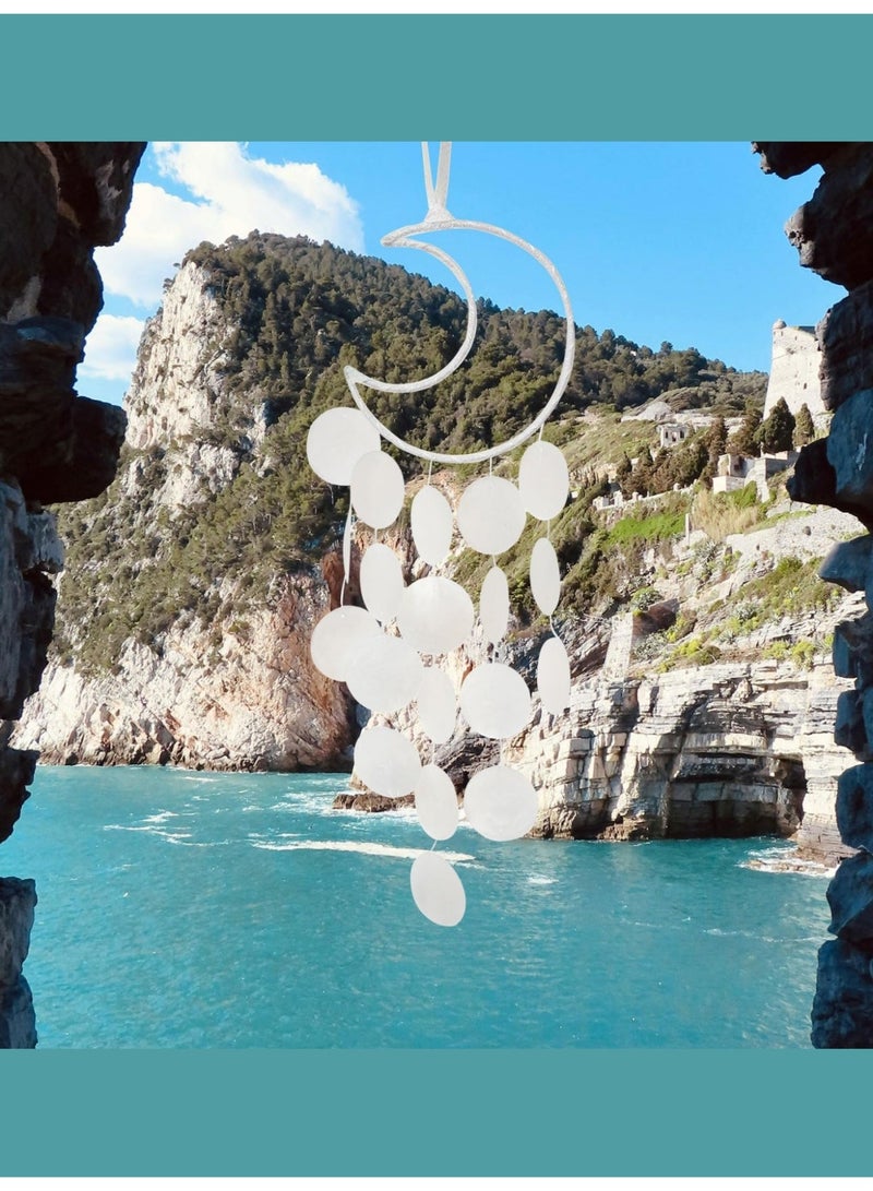 بي إس أجراس رياح كابيز فريدة | ماسك أحلام قمري صغير جميل للأماكن الخارجية | شلالات يدوية الصنع بصوت هادئ | أجراس رياح معلقة على الشاطئ والساحل والمحيط | مناسبة للفناء الصيفي والحديقة (أبيض) - Image 3