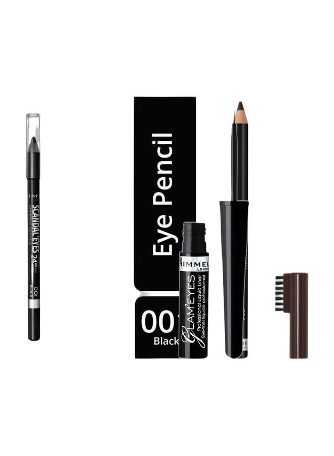 RIMMEL LONDON Glameyes Professional Liquid Eyeliner, 3.5 ml, 01 Black Glamour & Rimmel Brow This Way Professional Eyebrow Pencil Shade 004 Black Brown & Scandaleyes Waterproof Kohl Kajal Pencil Eyeliner 1.3 g 001 BlackBundle - Image 1