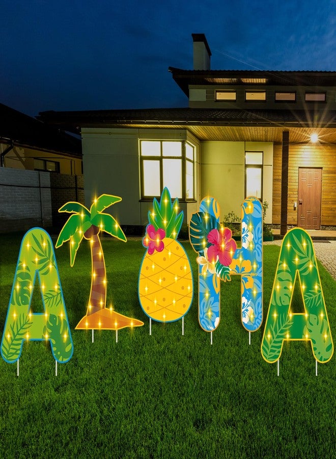 Lineshading 5 Pcs LED Aloha Yard Sign Aloha Surfboard Sign Tropical Summer Lawn Sign Light up Hawaiian Outdoor Decor Plastic Sign with Stakes for Summer Beach Garden Party Decor(Tropical) - Image 1