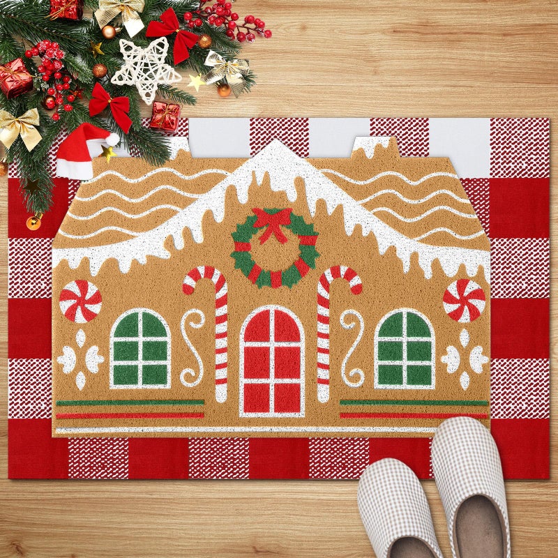 Tinideya 2 Pcs Christmas Door Mat Gingerbread House Welcome Non Slip Coir Mats Merry Xmas Red White Buffalo Plaid Floor Layering Doormats Seasonal For Front Porch Entryway Decor(Gingerbread House) - Image 5