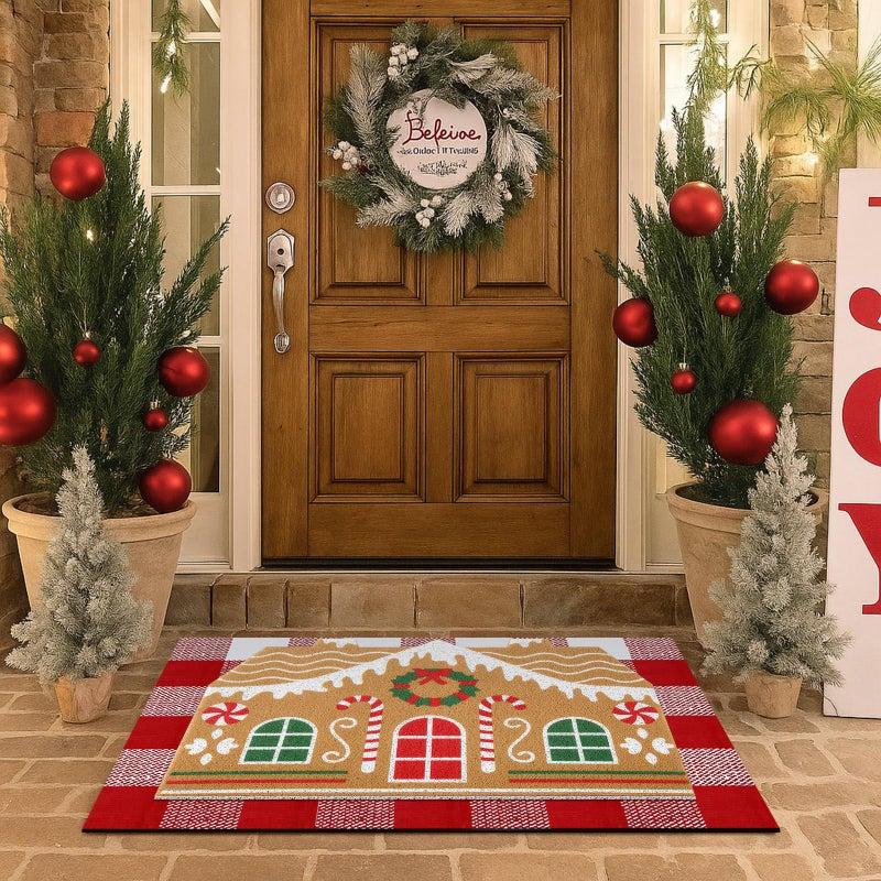 Tinideya 2 Pcs Christmas Door Mat Gingerbread House Welcome Non Slip Coir Mats Merry Xmas Red White Buffalo Plaid Floor Layering Doormats Seasonal For Front Porch Entryway Decor(Gingerbread House) - Image 1