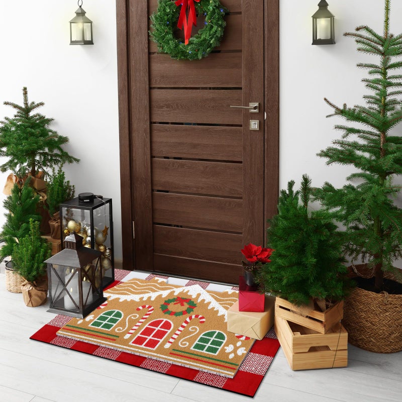 Tinideya 2 Pcs Christmas Door Mat Gingerbread House Welcome Non Slip Coir Mats Merry Xmas Red White Buffalo Plaid Floor Layering Doormats Seasonal For Front Porch Entryway Decor(Gingerbread House) - Image 4