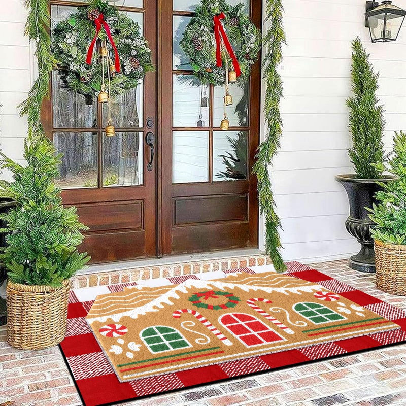 Tinideya 2 Pcs Christmas Door Mat Gingerbread House Welcome Non Slip Coir Mats Merry Xmas Red White Buffalo Plaid Floor Layering Doormats Seasonal For Front Porch Entryway Decor(Gingerbread House) - Image 2