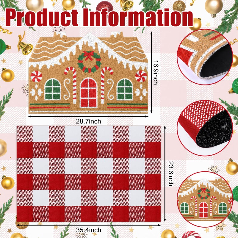 Tinideya 2 Pcs Christmas Door Mat Gingerbread House Welcome Non Slip Coir Mats Merry Xmas Red White Buffalo Plaid Floor Layering Doormats Seasonal For Front Porch Entryway Decor(Gingerbread House) - Image 3