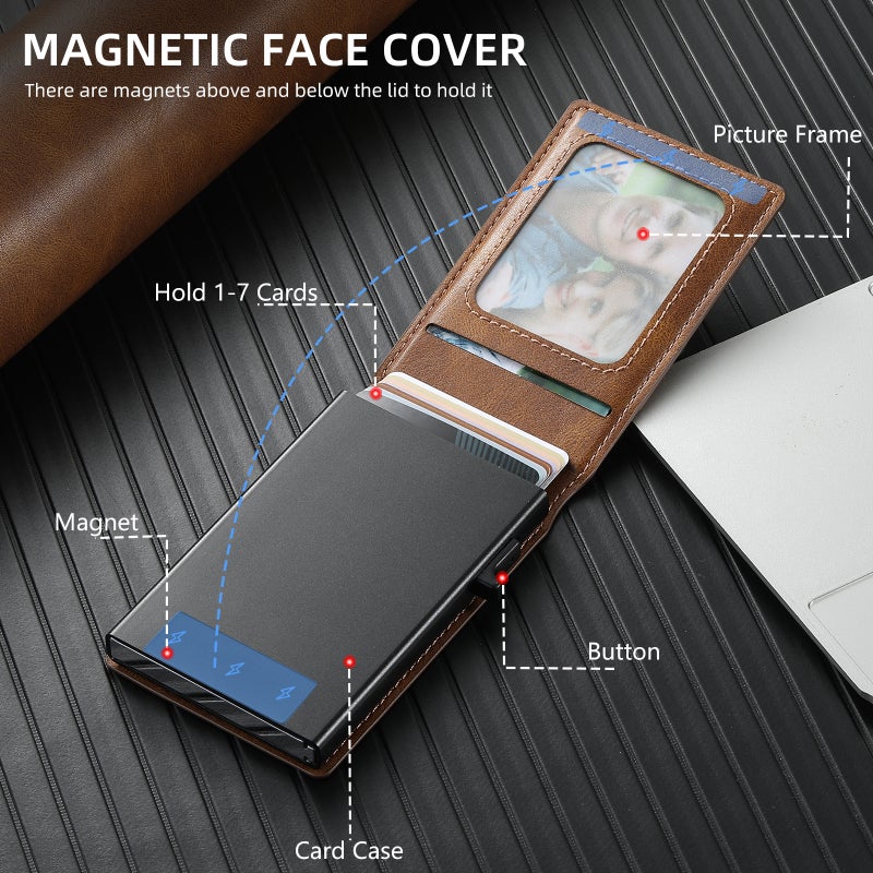Suteni Flip Card Slot Po Frame Wallet Button Card Box Automatic Pop-Up Card Pu Leather - Image 4
