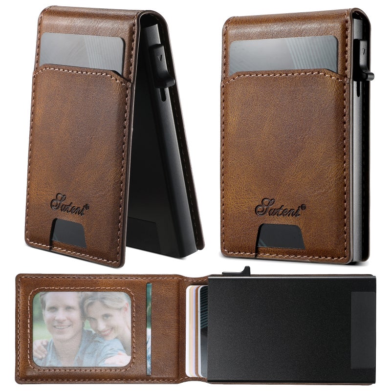 Suteni Flip Card Slot Po Frame Wallet Button Card Box Automatic Pop-Up Card Pu Leather - Image 2