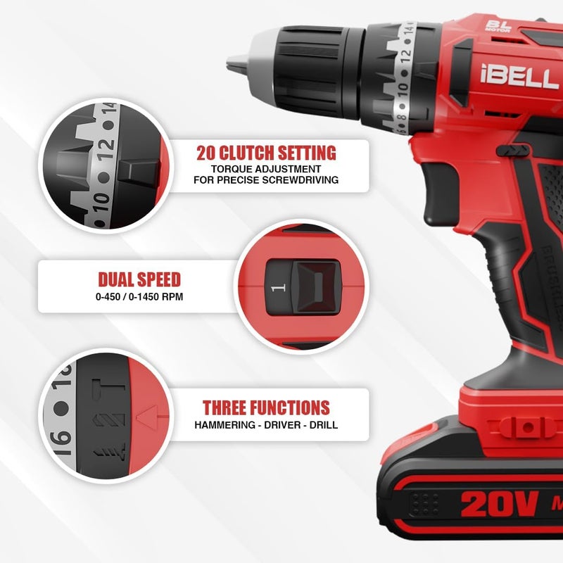 iBELL BM18-60 20V Brushless Impact Driver Drill (Cordless) with 2 Batteries, Charger, Case and Screw Driver Bits - Image 3